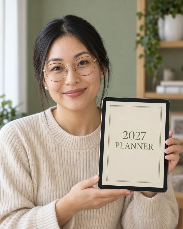 June, the digital host of Still Plan Studio, holding a tablet showing a 2027 planner